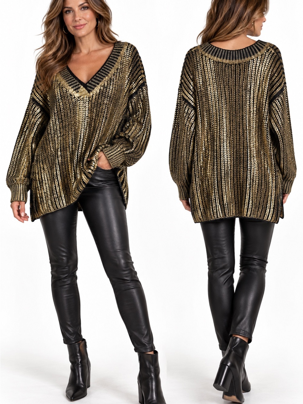 BiBi Metallic Black and Gold V-Neck Sweater Sz XL